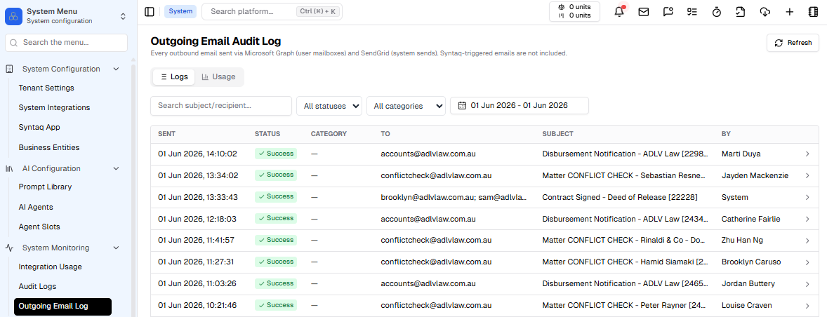 Outgoing Email Page