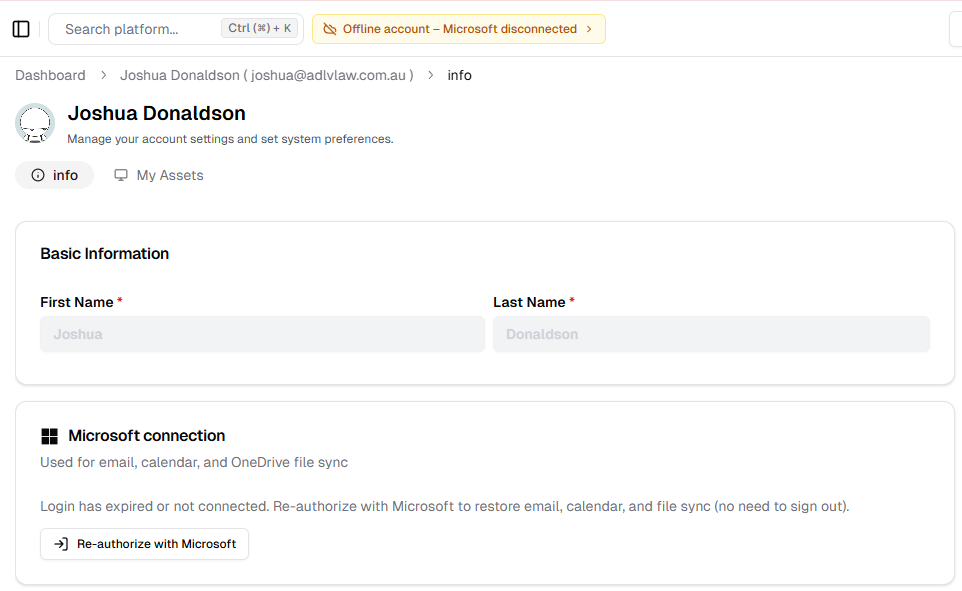 Microsoft connection status flag and profile reconnect