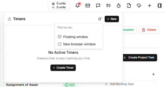 Timers pop-out menu showing Floating window and New browser window options