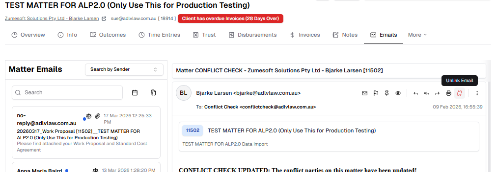 Unlink Email button on a Matter email view