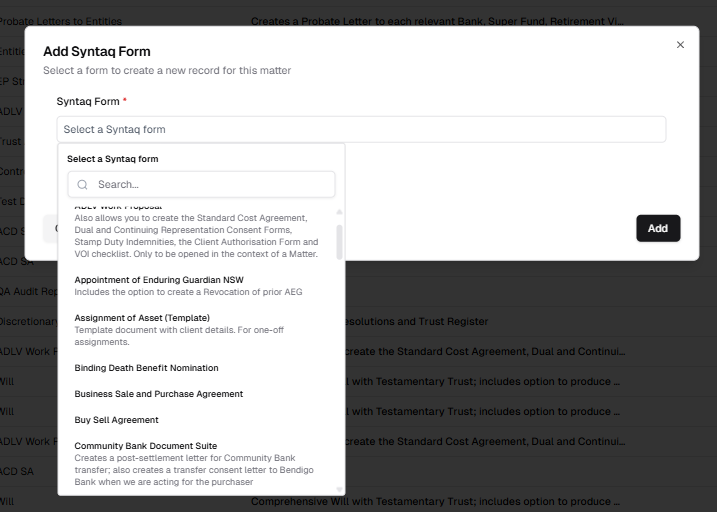 Add Syntaq Form modal with the form selection dropdown open