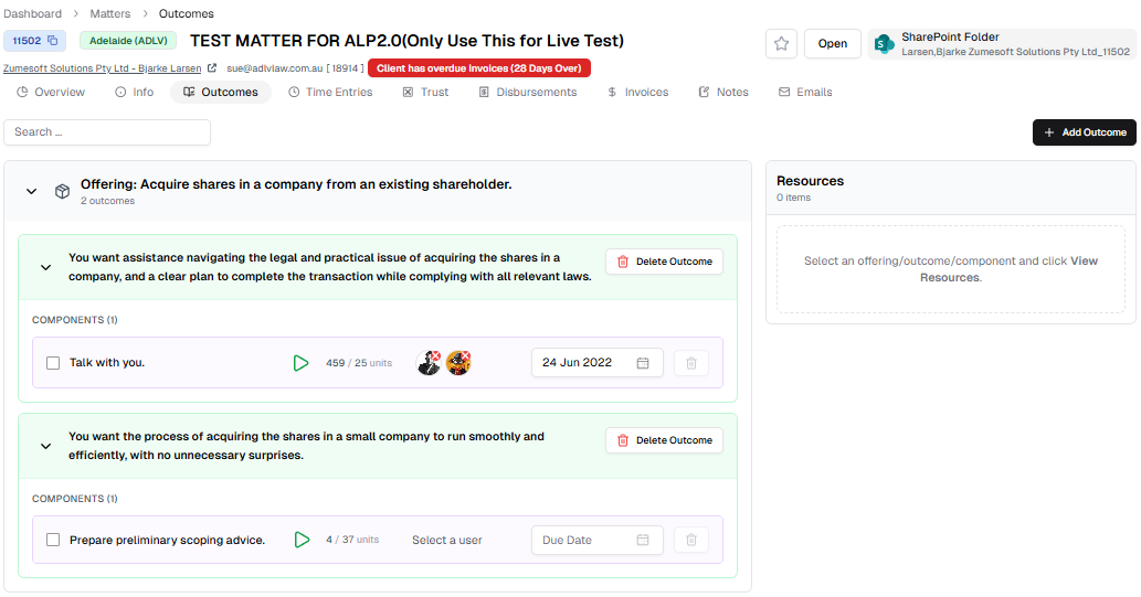 Matter Outcomes tab with the Resources preview panel on the right