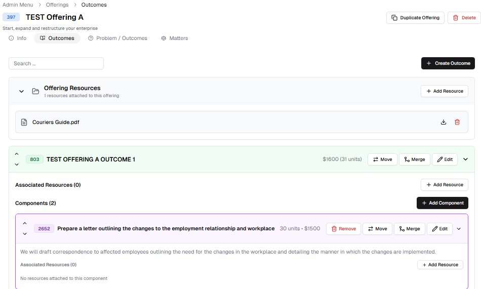 Offering admin page showing Add Resource buttons at the Offering, Outcome and Component levels